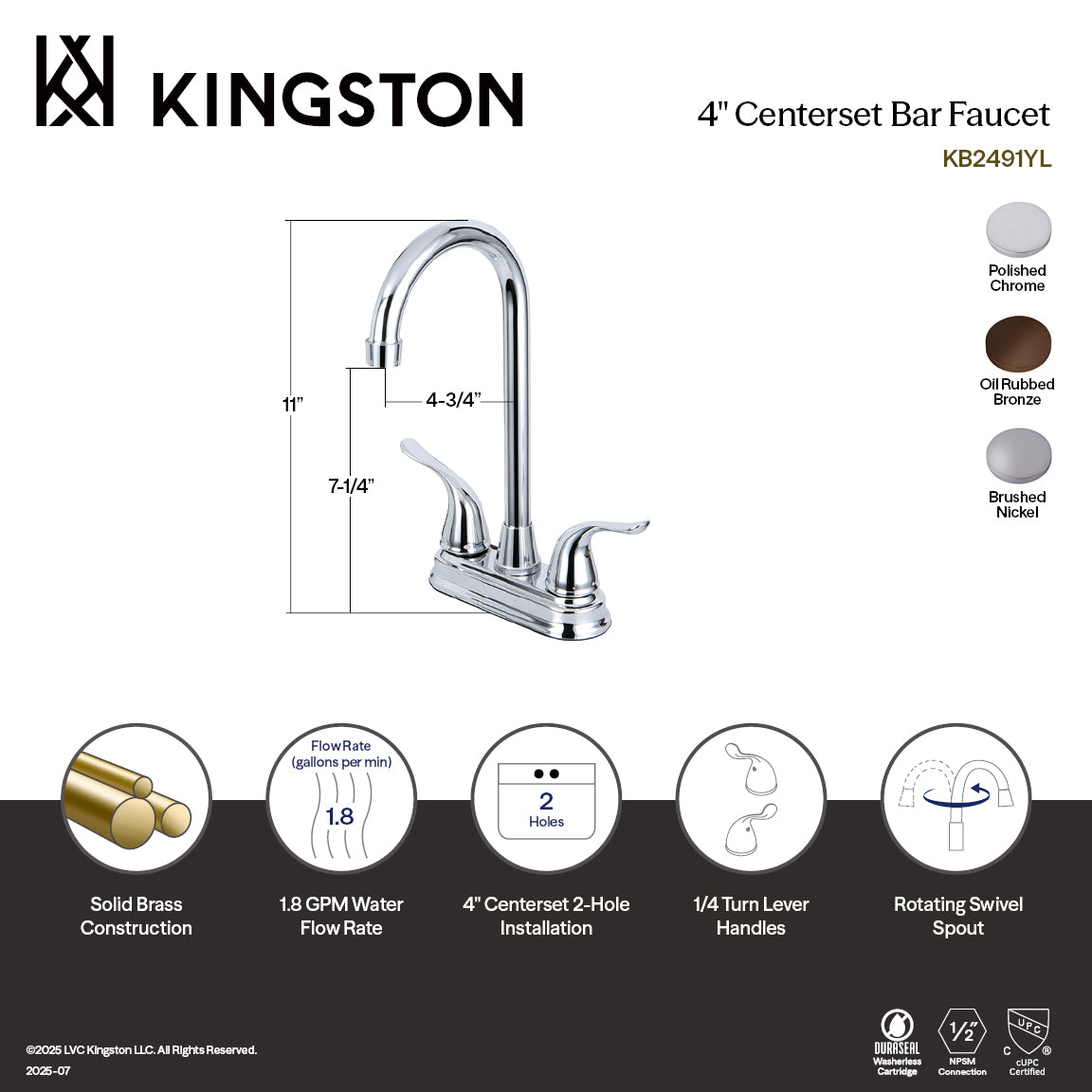 Kingston Tulare KB2491YL - Yosemite Two-Handle 2-Hole Deck Mount Bar Faucet, Polished Chrome — thumbnail 2